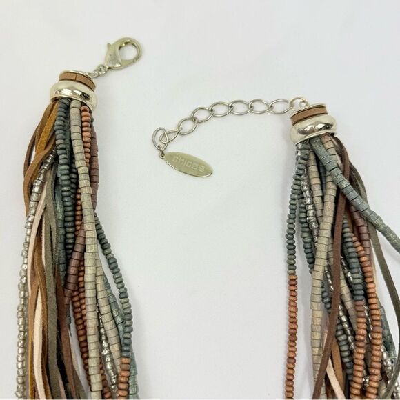 Chico's SERENA Brown Green Wood Bead Leather Multi Strand Boho Charm Necklace - Picture 16 of 16